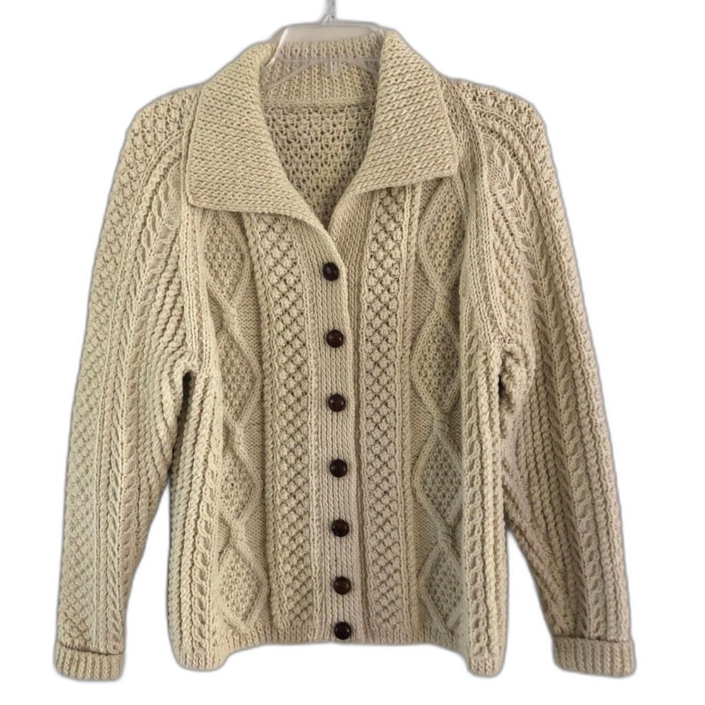 VTG Irish Wool Cardigan Womens M Handknit Aran Fisherman Sweater Leather Button